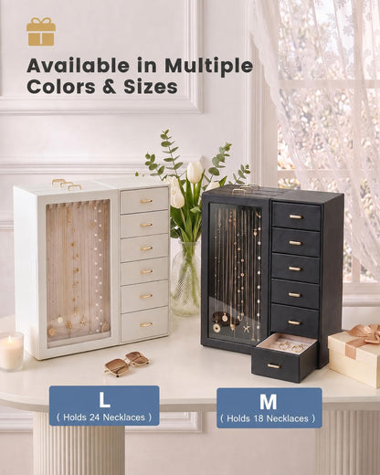 Lolalet Large Jewelry Box Organizer for Women, PU Leather Jewelry Case with Necklace Holder & Multiple Drawers, Tabletop Dresser Storage for Earrings Rings Chains, Gift for Girls -M, Black
