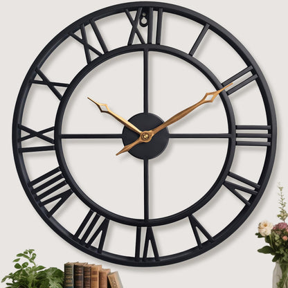24 Inch Metal Large Wall Clock with Vintage Gold Roman Numerals