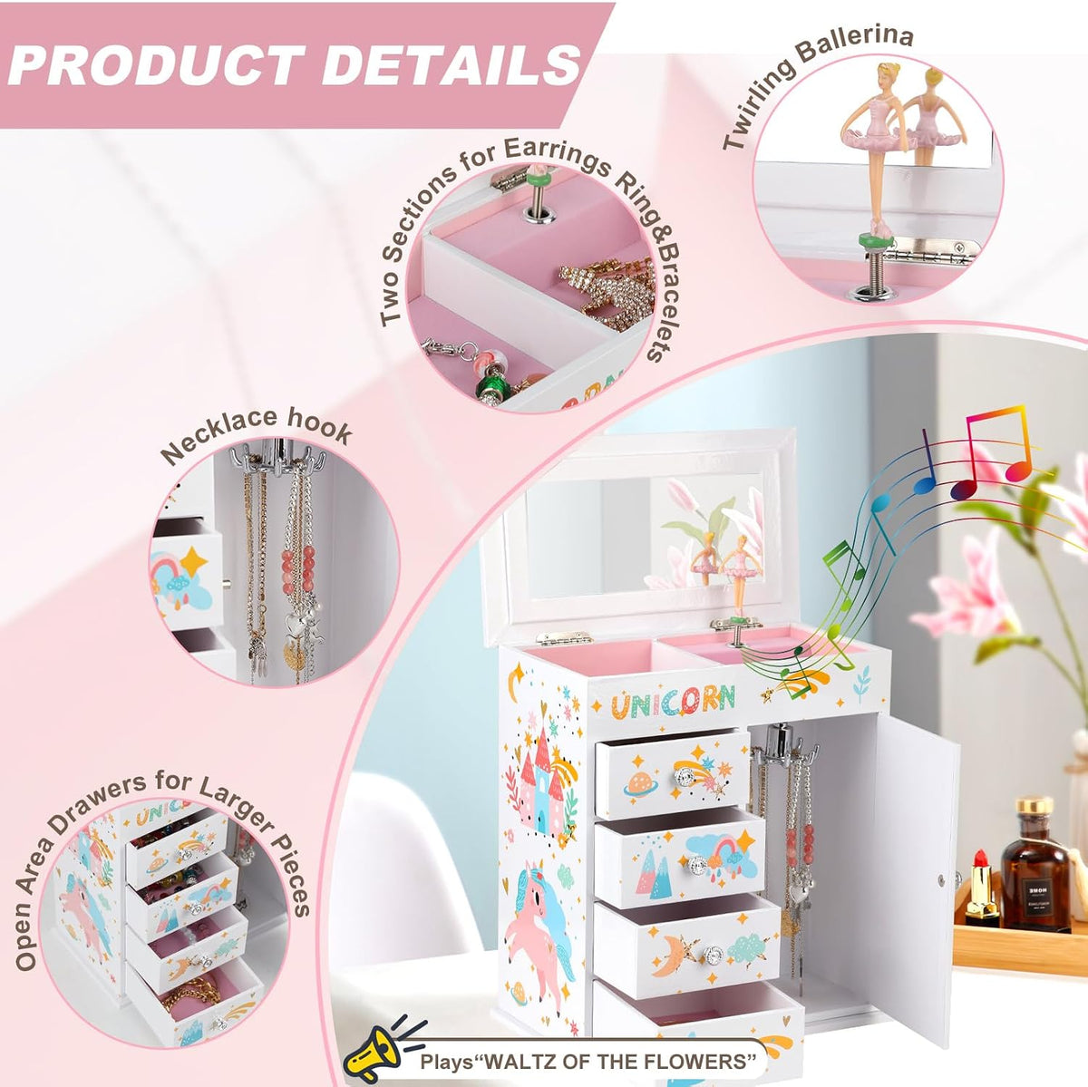 Jewelry Box for Girls 5-Layer with Swing Door Spinning Ballerina Unicorn &Castle Design Unicorn Jewelry Set Included Kids Music Box for Little Girls Birthday Christmas Gift (White)
