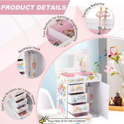 Jewelry Box for Girls 5-Layer with Swing Door Spinning Ballerina Unicorn &Castle Design Unicorn Jewelry Set Included Kids Music Box for Little Girls Birthday Christmas Gift (White)