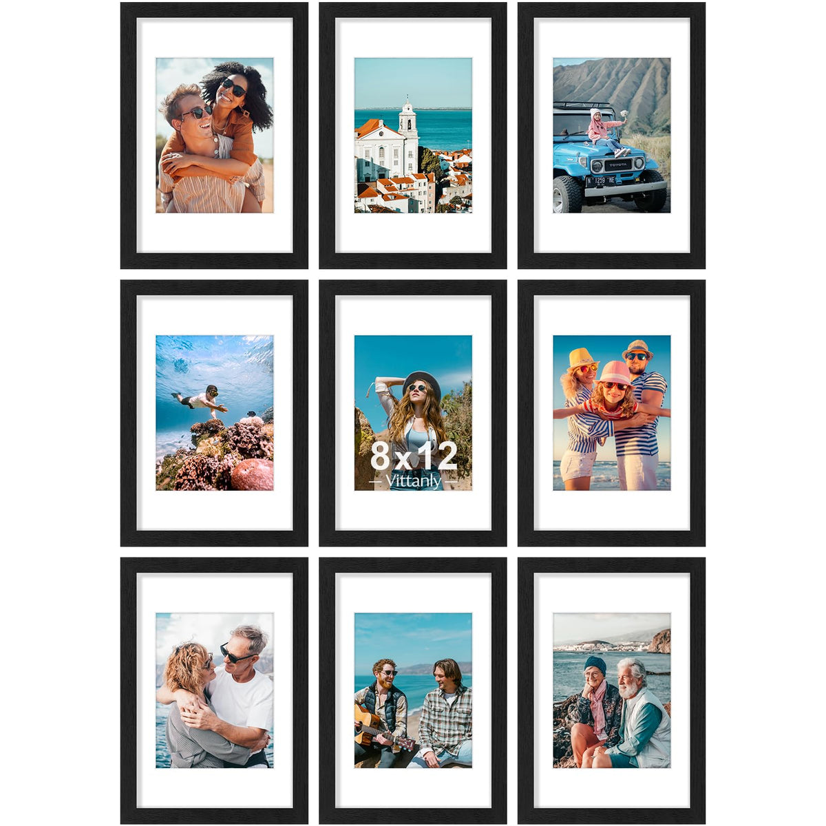 Vittanly 8x10 Picture Frames Set of 9 for Wall or Tabletop Display, Black