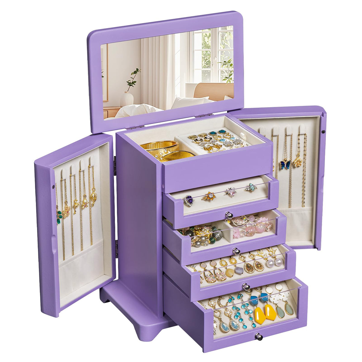 Jewelry Box for Women，Wooden Jewelry Box with 4 Clear Drawers Rustic Brown