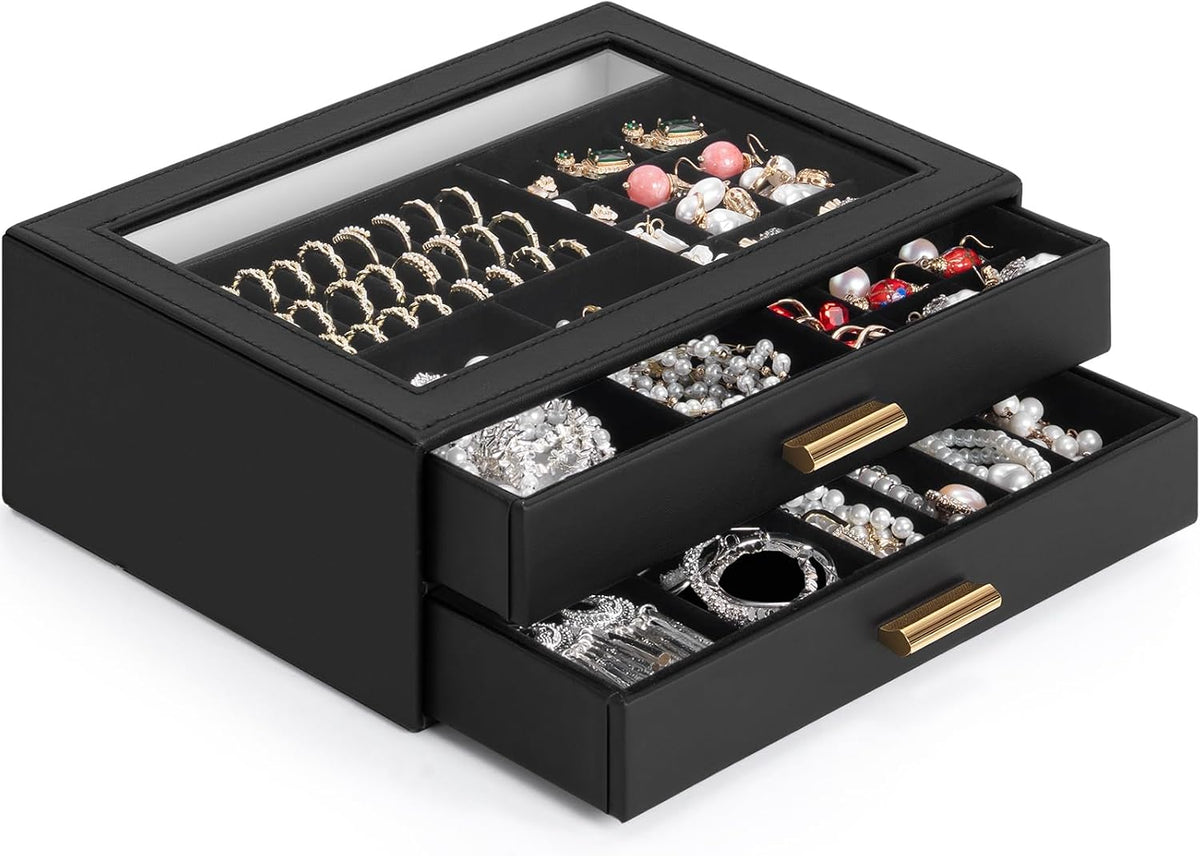 AKOZLIN Jewelry Box Organizer with Clear Lid 2 Drawers Black