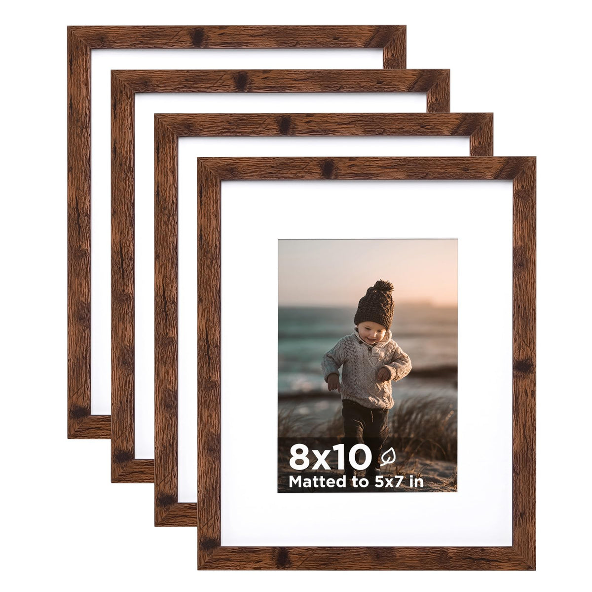 KINLINK 5x7 Picture Frame White Set of 4, Wooden Photo Frames Matted 4x6 with Plexiglass for 4x6 with Mat or 5x7 without Mat for Table and Wall Display