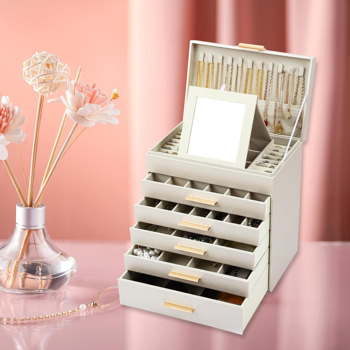 BOOVO Jewelry Boxes for Women, White and Black 6 Layer Large Jewelry Box for Necklace, Bracelet, Earrings, Rings Storage, Jewelry holder Organizer for Girls Gift (Champagne, 6 layer)