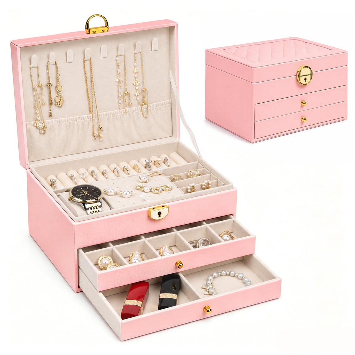 Jewelry Boxes for Women Girl Large PU Leather Jewelry Organizer Box with Lock Jewelry Organizers and Storage Case with Two drawers Display for Earrings Bracelets Rings Watches