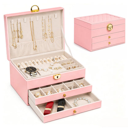 Jewelry Boxes for Women Girl Large PU Leather Jewelry Organizer Box with Lock Jewelry Organizers and Storage Case with Two drawers Display for Earrings Bracelets Rings Watches