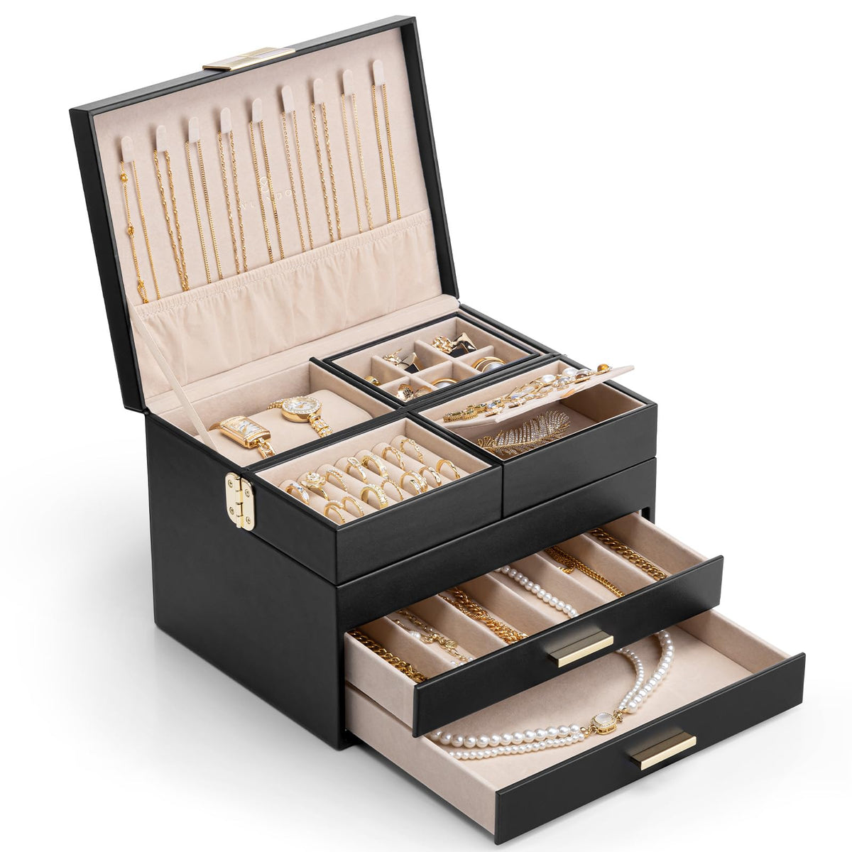 VLANDO Jewelry Box,4-Layer Design with Retractable Tray and 2 Drawers