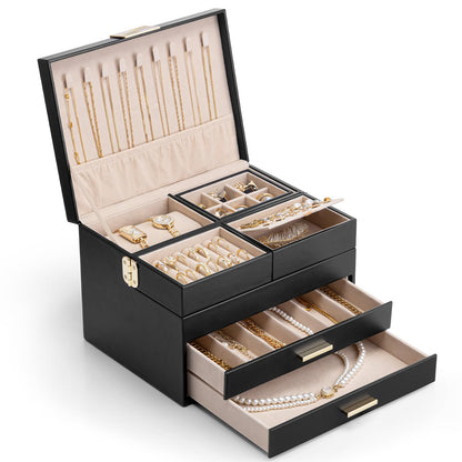 VLANDO Jewelry Box,4-Layer Design with Retractable Tray and 2 Drawers