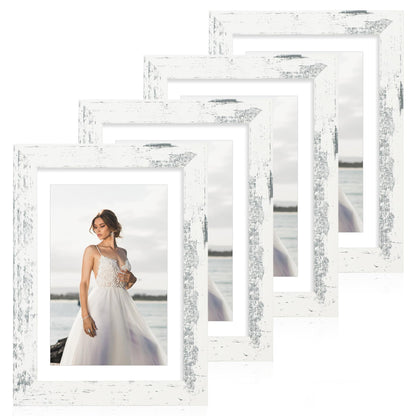 iRahmen 5x7 Picture Frame Set of 4, High Definition Real Glass Rustic Brown Frame, 5 x 7 Wood Photo Frames for Tabletop Display and Wall Mounting