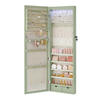 SONGMICS 6 LEDs Mirror Jewelry Cabinet, 47.2-Inch Tall Lockable Wall or Door Mounted Jewelry Armoire Organizer with Mirror, 2 Drawers, 3.9 x 14.6 x 47.2 Inches, White UJJC93W