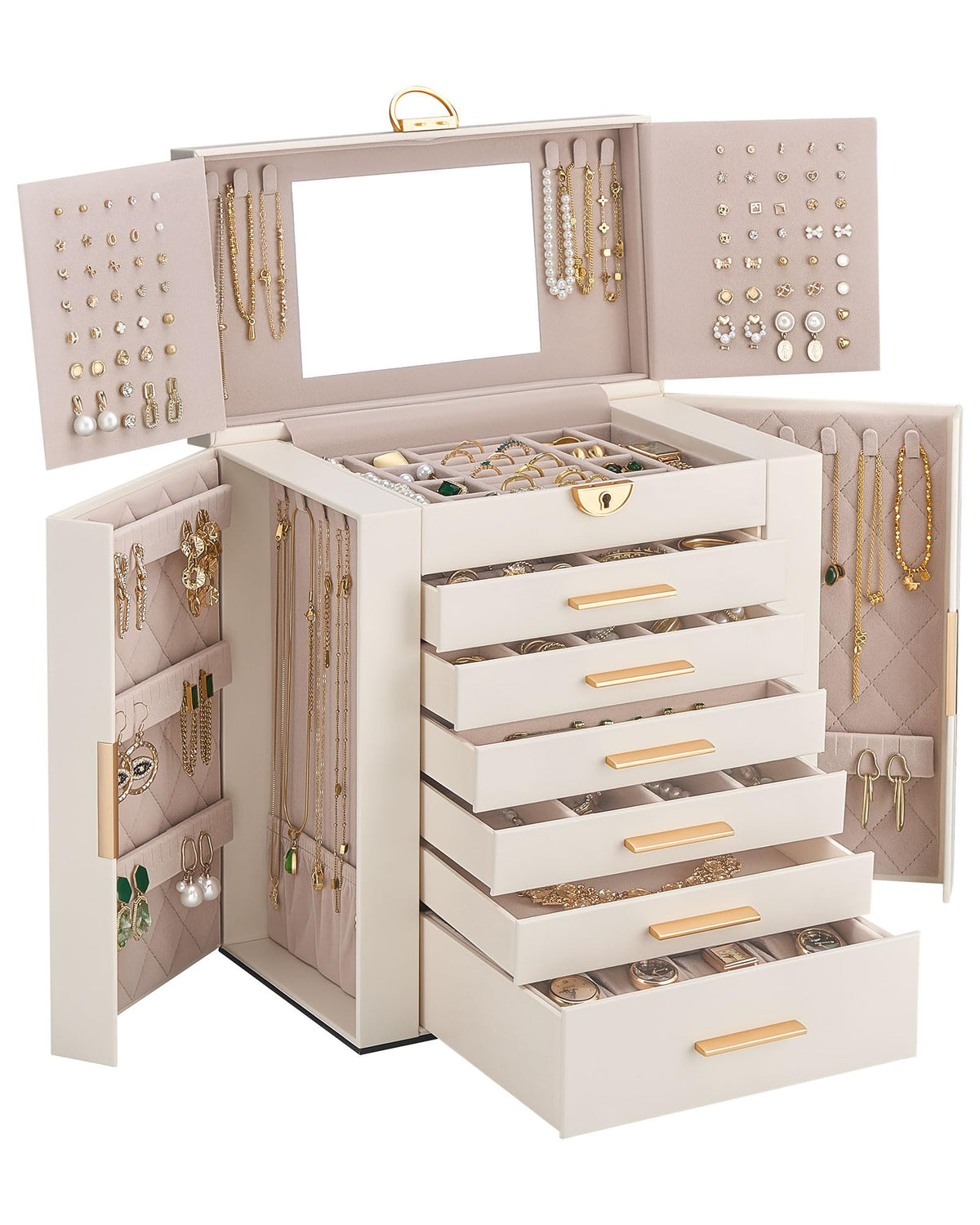 Lolalet Large Jewelry Box, 6-Layer Jewelry Organizer with 5 Drawers -Beige