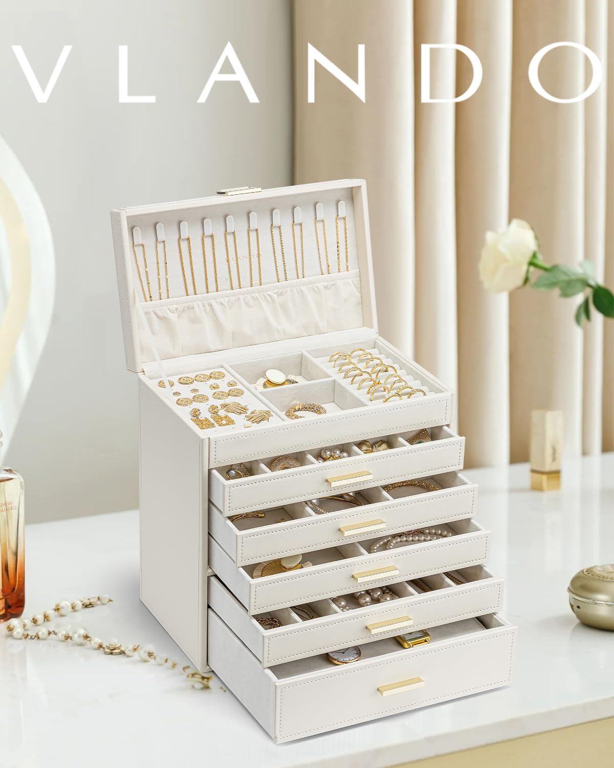 VLANDO Large Jewelry Box, 6 Layer Storage Organizer, Removable Dividers
