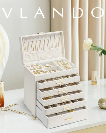 VLANDO Large Jewelry Box, 6 Layer Storage Organizer, Removable Dividers