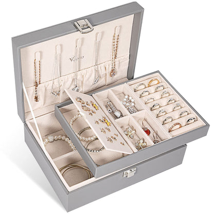 Voova 2 Layer Jewelry Box Organizer with Removable Tray, Vintage Gift, Apricot