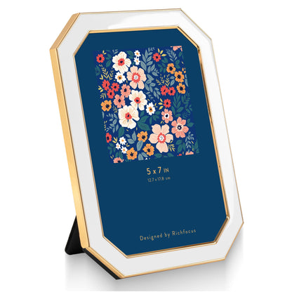 4x6 Enamel Picture Frame with HD-Tempered Glass, Display 3x5 Photo with Mat, Ornate Photo Frame with Gold Metal Edge & Velvet Back for Tabletop & Wall Mount Vertically or Horizontally Display, White