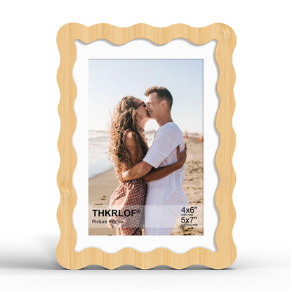 4x6 Picture Frame with Mat for 3.5x5, Wavy Edge Wooden Real Glass Photo Frame for Tabletop and Wall Hanging, Green, 1 Pack