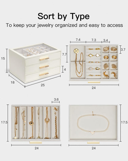 VLANDO Jewelry Box Organizer, 3-Layer Storage Drawers, Glass Window, Modern