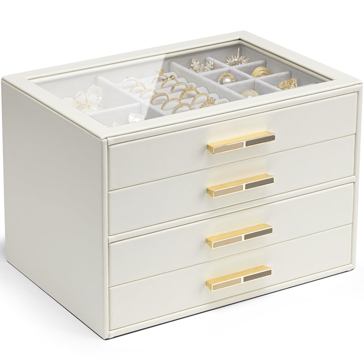 VLANDO Jewelry Box Organizer, 3-Layer Storage Drawers, Glass Window, Modern