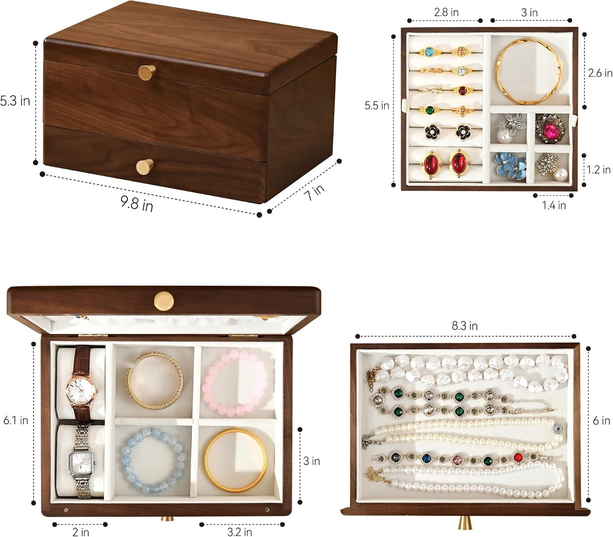 Black Walnut Wooden Jewelry Box for Women, 3 Layer Organizer with Drawer