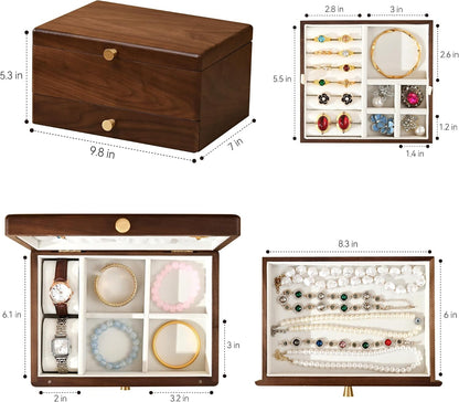 Black Walnut Wooden Jewelry Box for Women, 3 Layer Organizer with Drawer