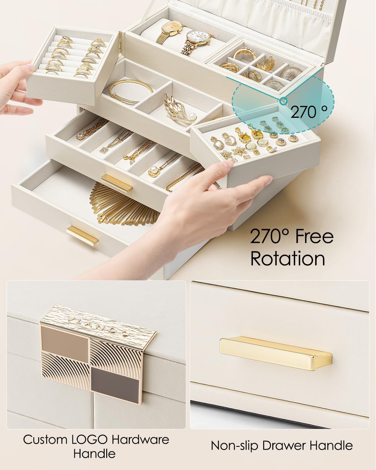 VLANDO Jewelry Box,4-Layer Design with Retractable Tray and 2 Drawers