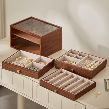 Black Walnut Wooden Women Jewelry Box with Glass Lid, 3 Layer
