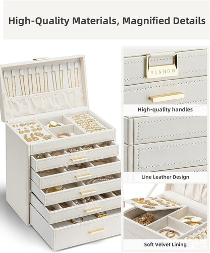 VLANDO Large Jewelry Box, 6 Layer Storage Organizer, Removable Dividers