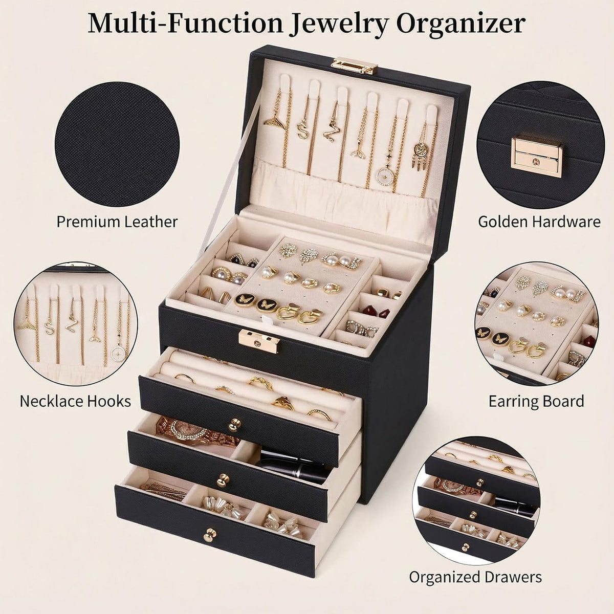 Leather Jewelry Box with Lock for Women, 4-Tier 3-Drawer Jewelry Organizer