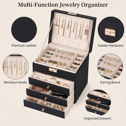 Leather Jewelry Box with Lock for Women, 4-Tier 3-Drawer Jewelry Organizer
