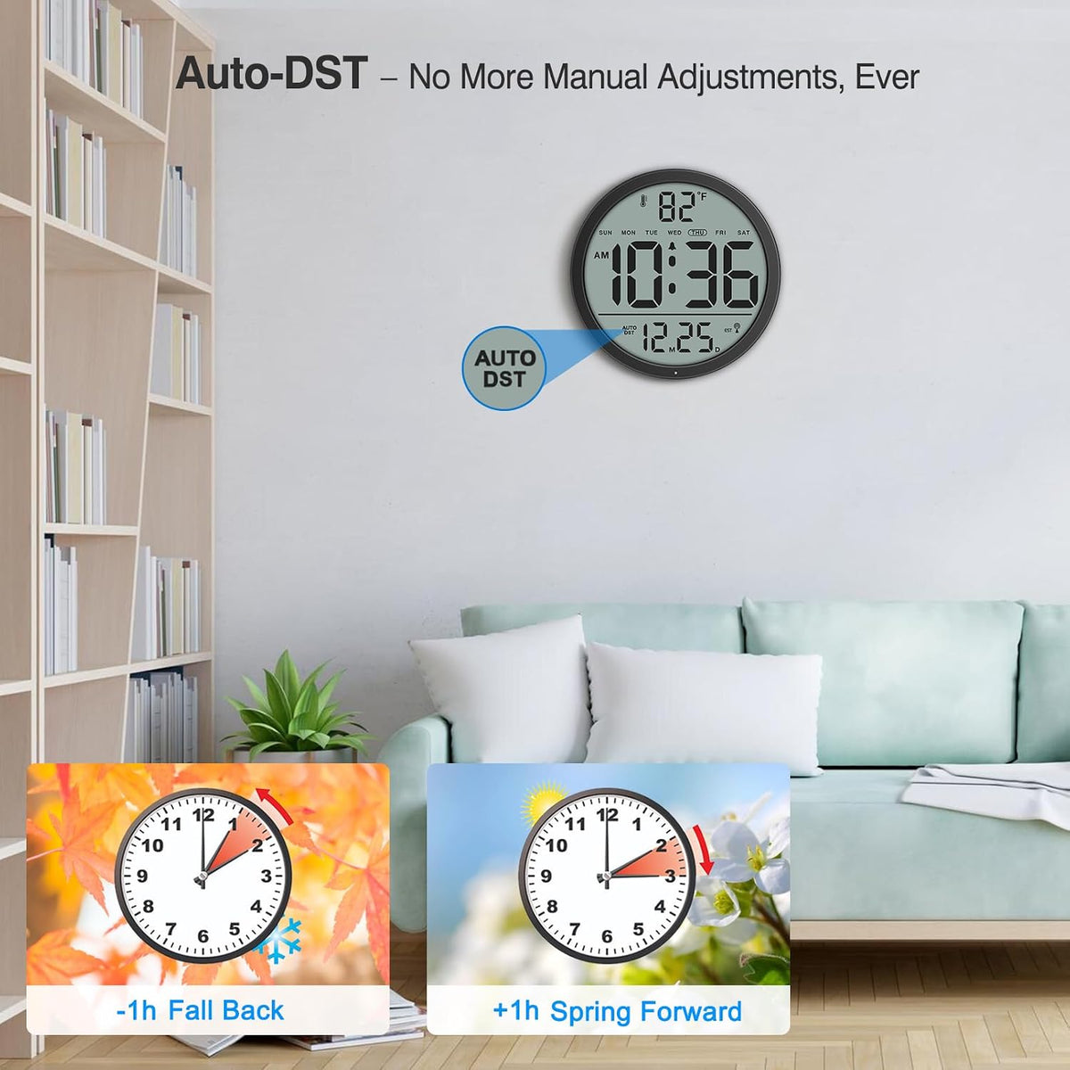 WallarGe Backlit Atomic Clock, Self-Setting Digital Wall Clock, 8"