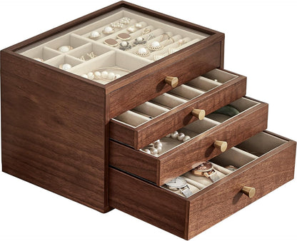 Black Walnut Wooden Women Jewelry Box with Glass Lid, 4 Layer