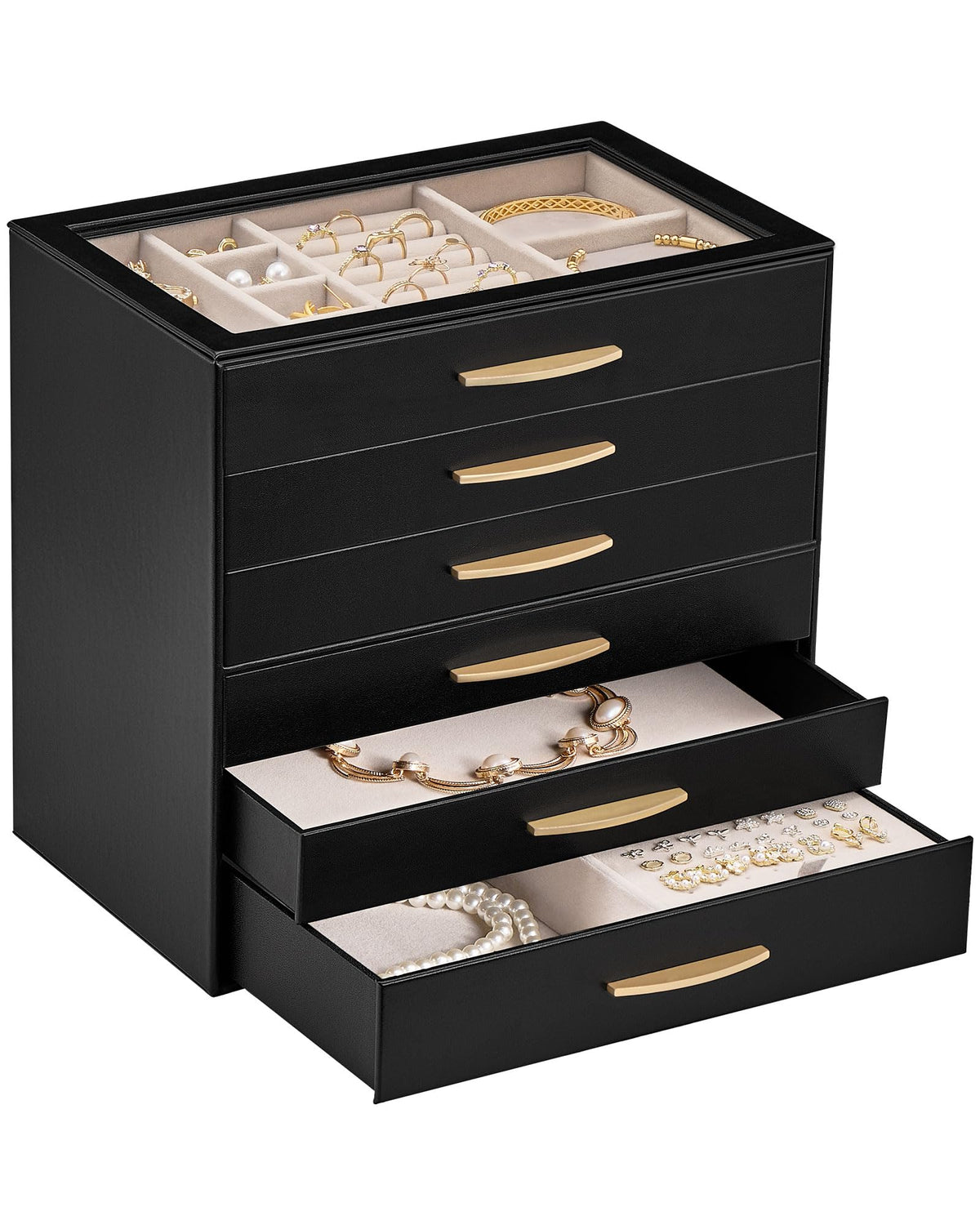Lolalet Jewelry Box Organizer Case with Glass Lid for Women -4Layer, Black