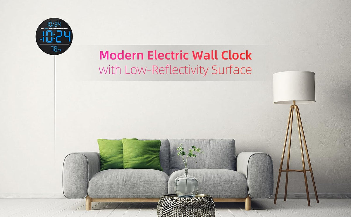 Digital Wall Clock with Large LED Display, Date, Temperature, Auto-Brightness | Small [PLUG-IN] Clock | Modern Electric Wall Clock for Bedroom, Classroom, Living Room, Home, Office, Farmhouse - Blue