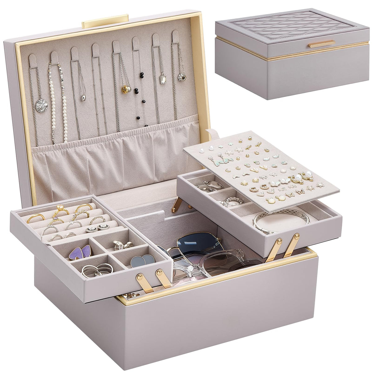 Lolalet Jewelry Box for Women Girls, 2 Layer Jewelry Organizer -Cream