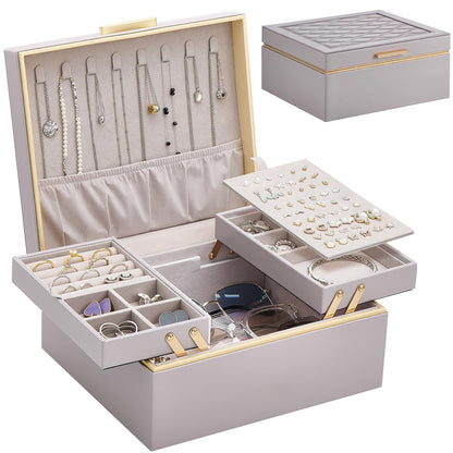 Lolalet Jewelry Box for Women Girls, 2 Layer Jewelry Organizer -Cream