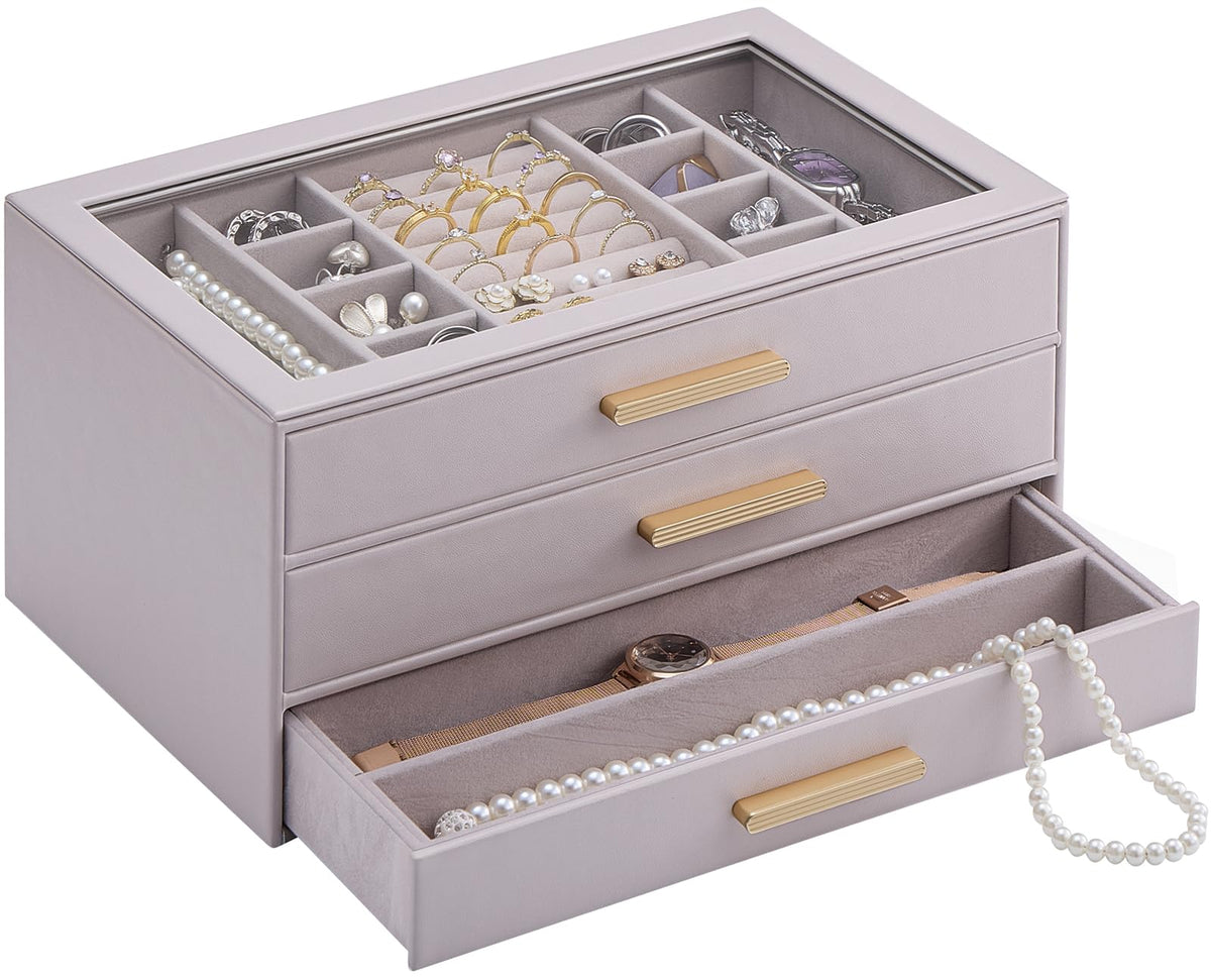 Lolalet Jewelry Box Organizer, 3-Layer Jewelry Storage Case -Beige