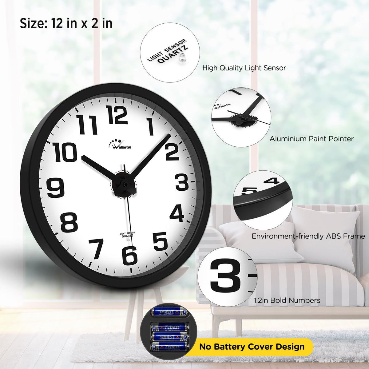 WallarGe Night Light Wall Clock for Bedroom, 12 Inch