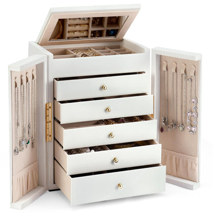 Dajasan Large Jewelry Organizer Box, Jewelry Boxes for Women Girls, 6-Tier Jewelry Storage Organizer with Mirror for Necklace Ring Bracelet Watch, Gift Idea (Beige)