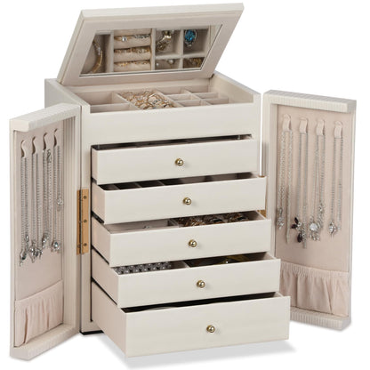 Dajasan Large Jewelry Organizer Box, 6-Tier Jewelry Storage Case with 5 Drawers, Jewelry Boxes for Women Girls with Mirror, Double Door, Textured PU Leather, Gift Idea, Stylish (Black + Gold)