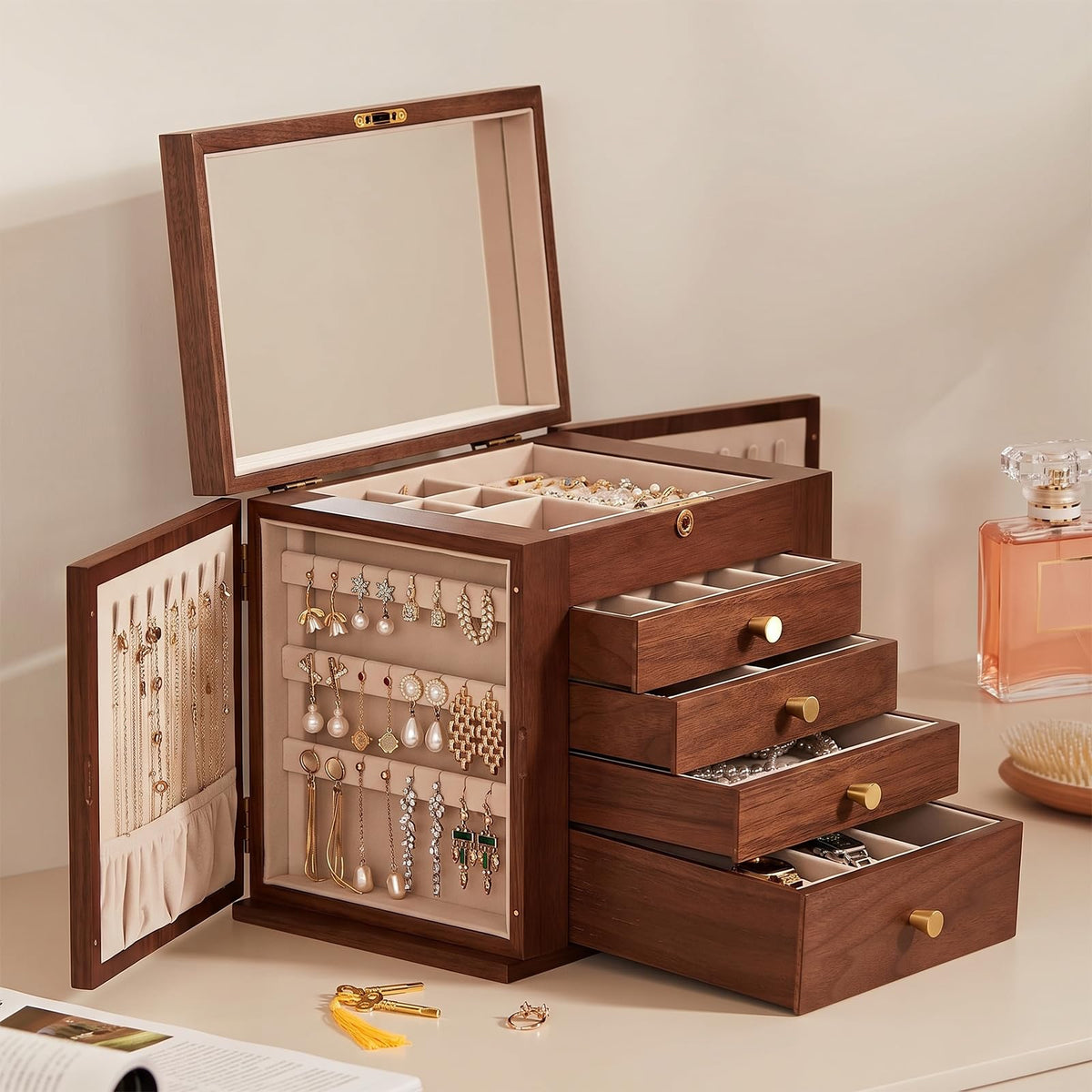 Black Walnut Wooden Jewelry Box for Women, 6 Layer