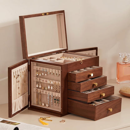Black Walnut Wooden Jewelry Box for Women, 6 Layer