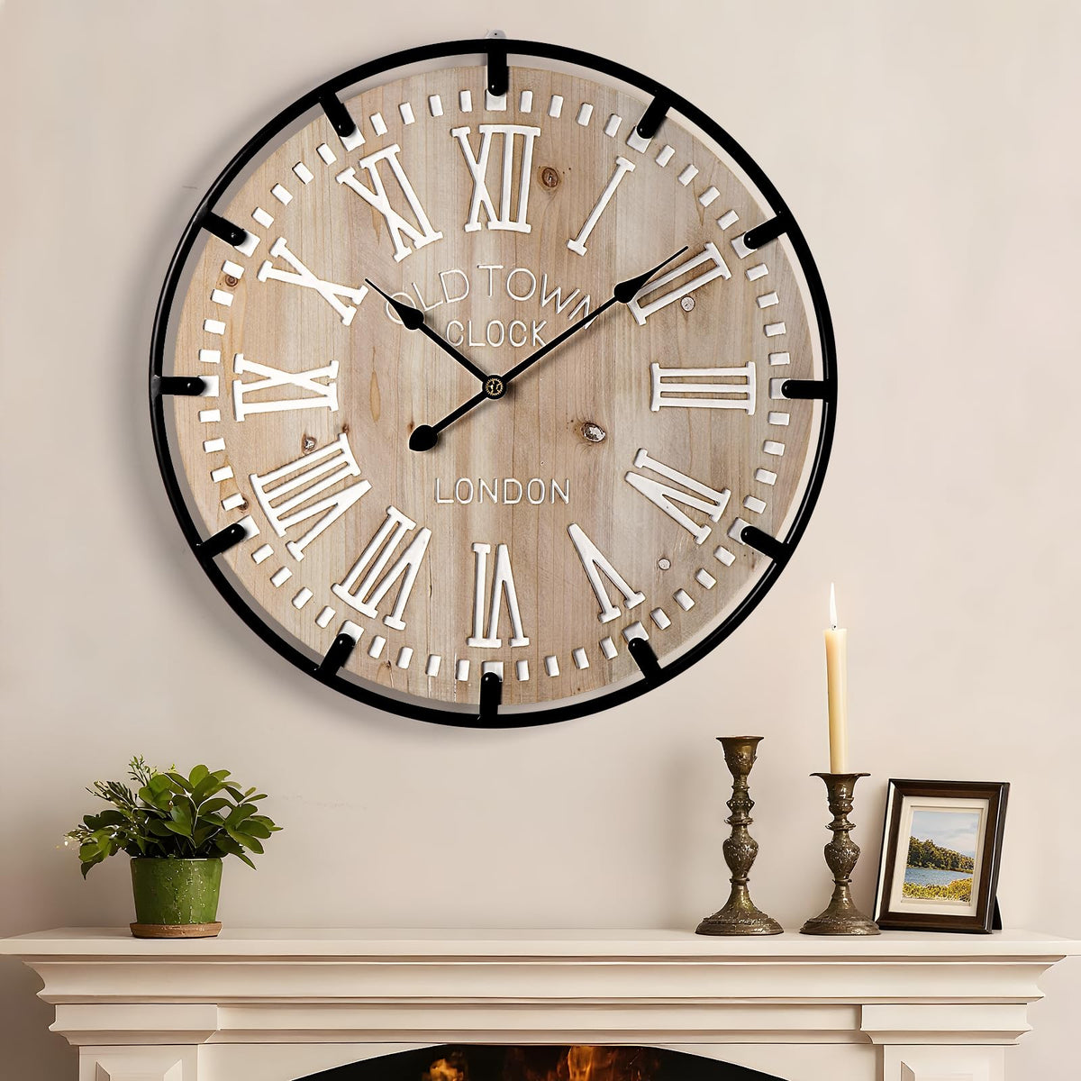Vantic Farmhouse 30 Inch Wood Arabic Large Wall Clock with Metal Circle