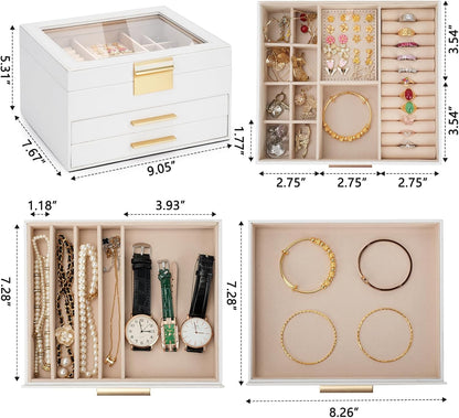 Jewelry Box for Women, 3-Layer Jewelry Box, Jewelry Organizer with Clear Glass Lid and Drawers, Jewelry Organizers and Storage for Necklaces, Rings, Earrings, Bracelets(White)