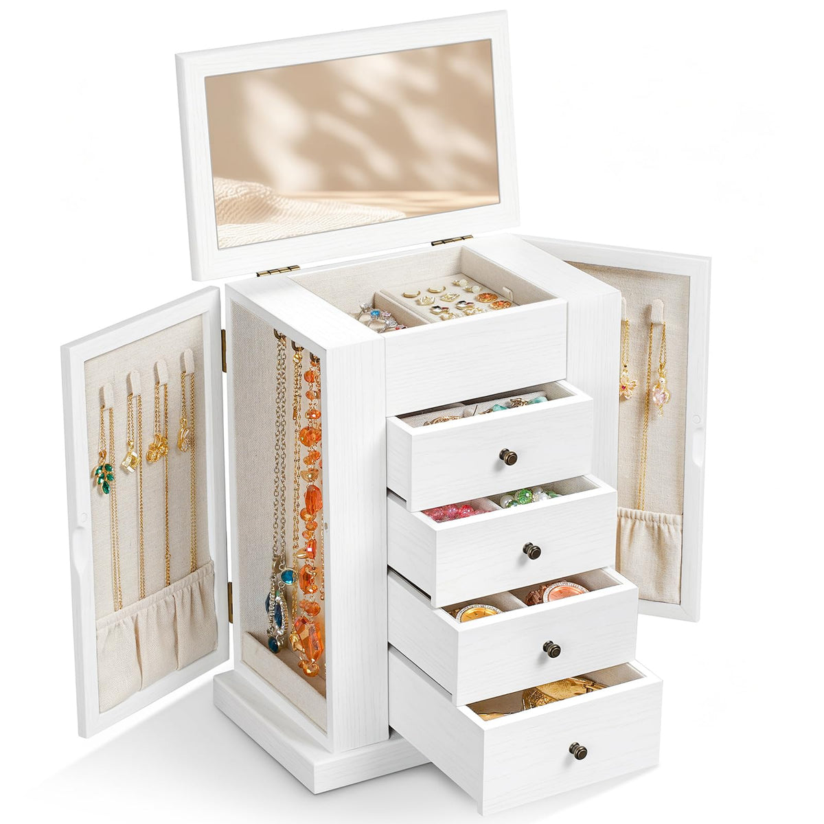 Emfogo Jewelry Box for Women, 5 Layer Large Wood Jewelry Boxes & Organizers for Necklaces Earrings Rings Bracelets, Rustic Jewelry Organizer Box with Drawers and Mirror(Weathered Gray)