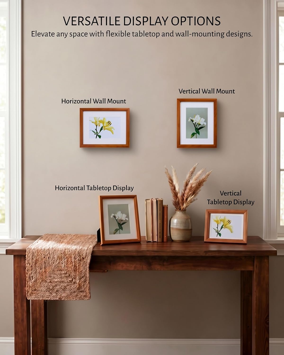 8x10 Wooden Picture Frame, Displays 8x10 Without Mat or 5x7 With Mat, Solid Wood Colorful Photo Frame for Wall Tabletop, Real Glass, Rustic Stepped Edge, 2 Pack, Brown