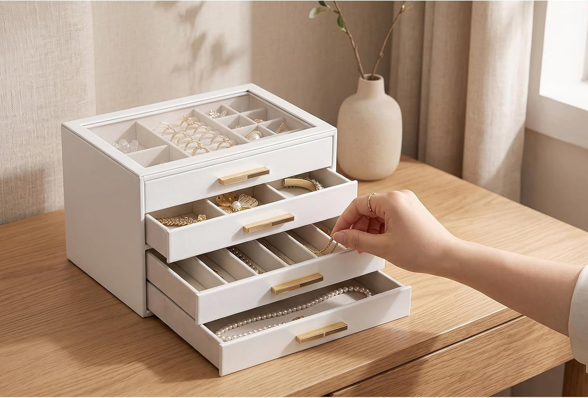 Vlando 4-Drawer Jewelry Box Organizer with Glass Lid, White