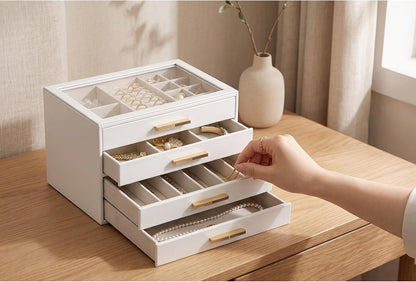 Vlando 4-Drawer Jewelry Box Organizer with Glass Lid, White