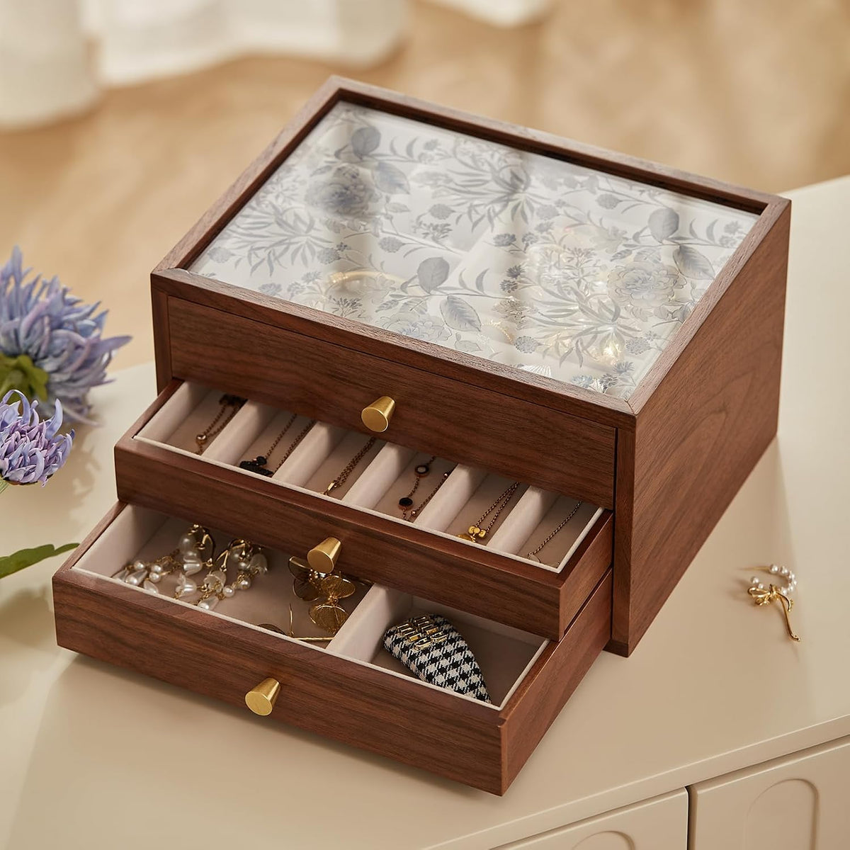 Black Walnut Wooden Women Jewelry Box with Glass Lid, 3 Layer
