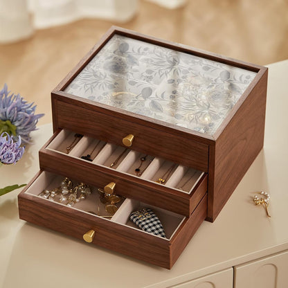 Black Walnut Wooden Women Jewelry Box with Glass Lid, 3 Layer